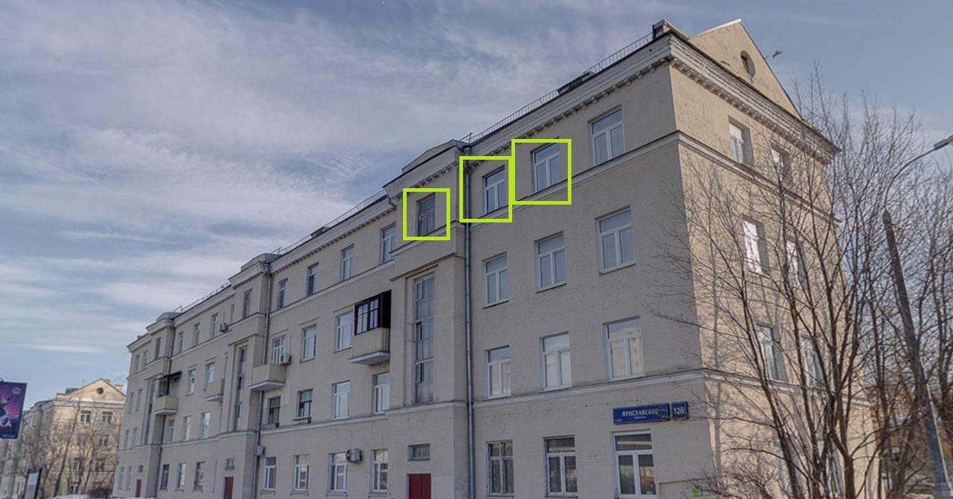 Квартира.Фасад здания с выделенными окнами реализуемого объекта.город Москва, Ярославское шоссе, дом 126 - Этаж 4, кв. 23 кв. 23_2.jpg
