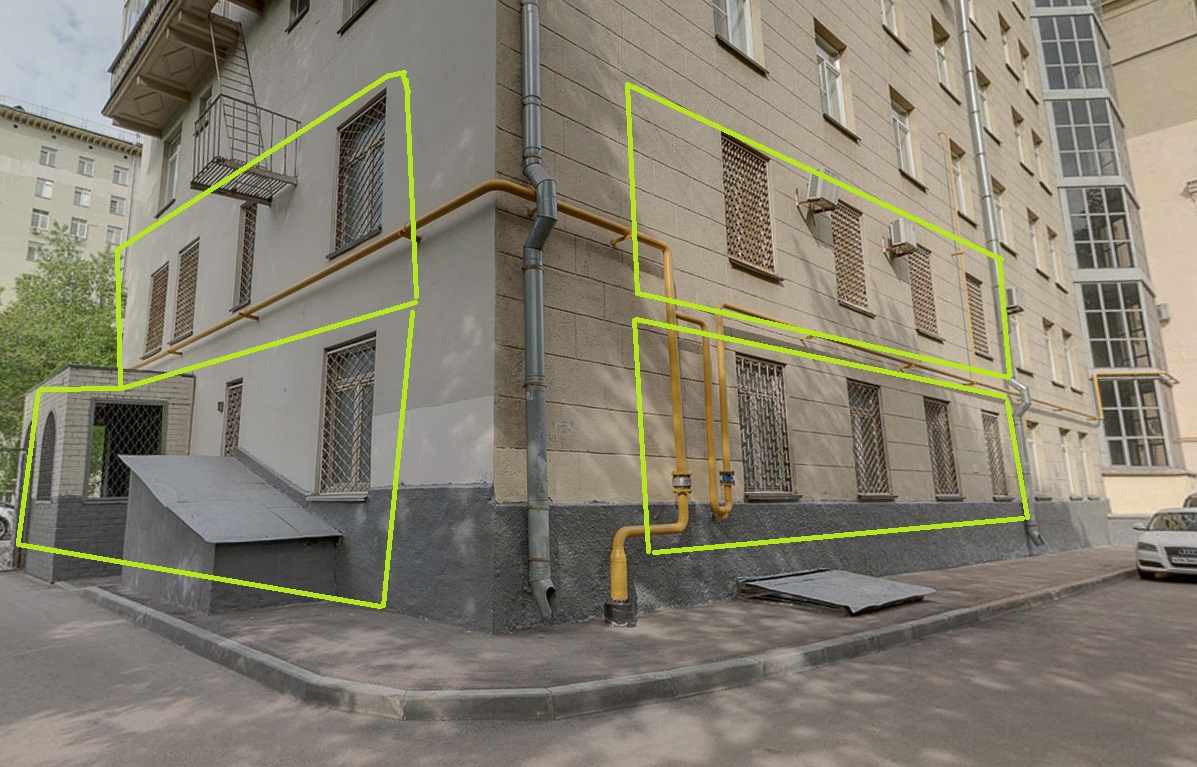 Нежилое помещение.Фасад здания с выделенными окнами реализуемого объекта.Российская Федерация, город Москва, внутригородская территория муниципальный округ Алексеевский, Рижский проезд, дом 3 - Антресоль _ 1, Подвал _ 0, Этаж _ 1 Антресоль _ 1, Подвал _ 0, Этаж _ 1_2.jpg