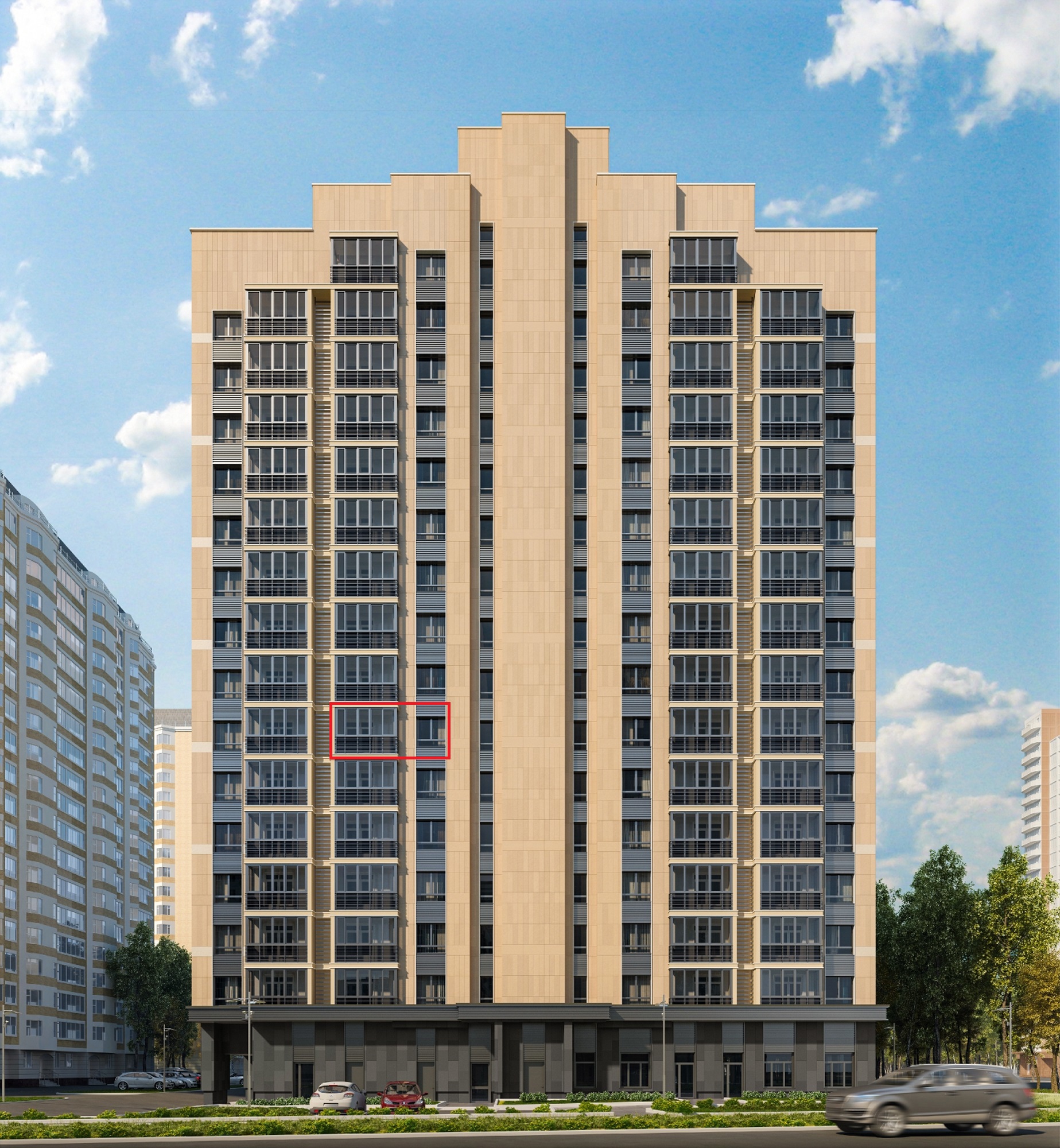 ГП16915513.Квартира. Договор долевого участия.Фасад здания с выделенными окнами реализуемого объекта.jpg